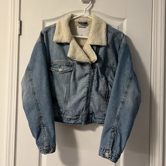 Garage Sherpa Fur Denim Aviator Crop Jacket - Picture 1 of 7